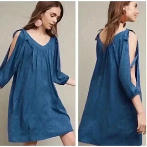 Anthropologie Holding Horse V Neck Blue Pattern Cold Shoulder Shift Dress M